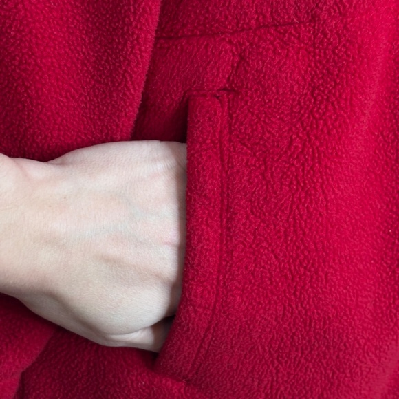VTG 90s Lands End Red Fleece Hooded Jacket L Long Full Zip Pockets Fall Cabin - Picture 3 of 11